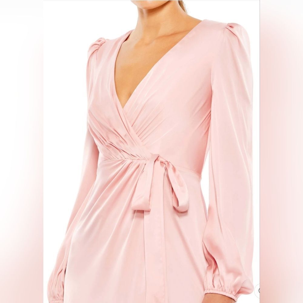 Mac Duggal DRAPED FAUX WRAP PUFF LONG SLEEVE GOWN NWT size 10 Rose Pink (55624) - Picture 2 of 6